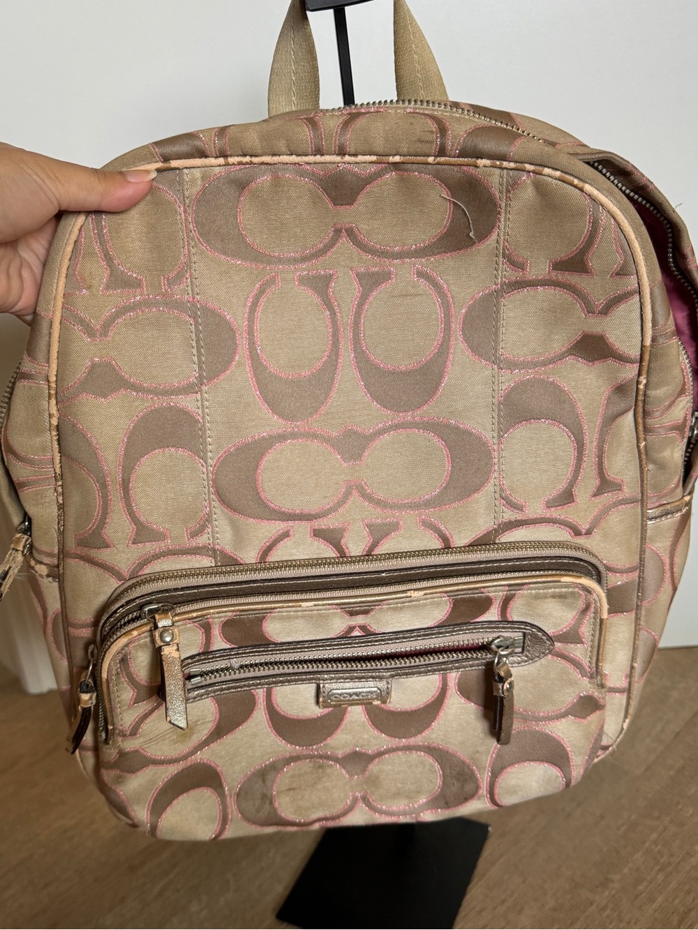 Coach Khaki Backpack with Pink Monogram Stitching